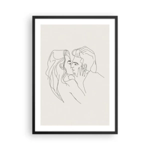 Plagát v čiernom ráme - Minimalistická kresba zamilovaného páru jemnými líniami. - 50x70cm - Zamotaní citom - Moderná nástenná dekorácia do obývacej izby a spálne ARTTOR