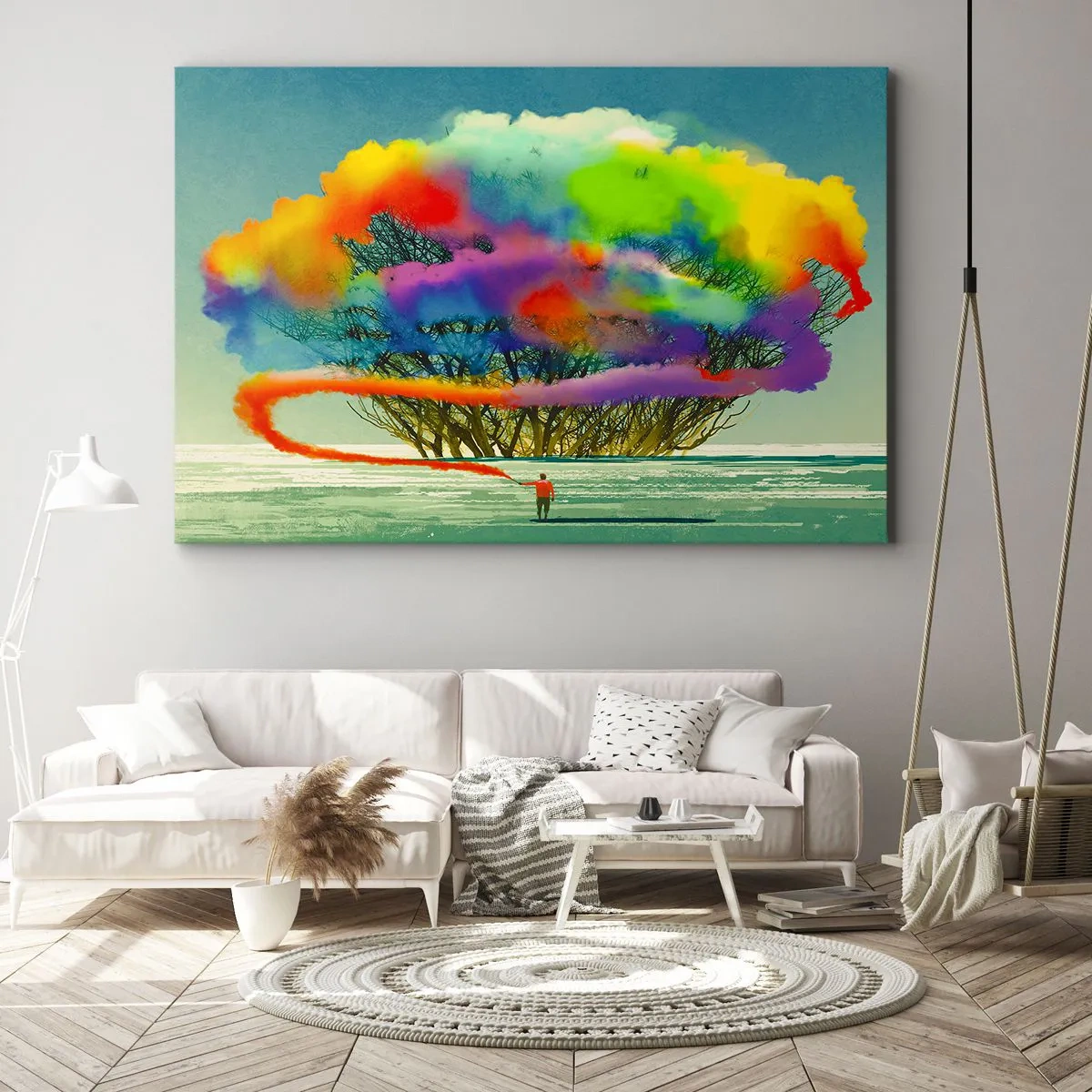 Obraz na plátne - Postava s farebným dymom na pozadí stromu v divočine - 70x50cm - Oživiť tento svet - Moderná nástenná dekorácia do obývacej izby a spálne ARTTOR