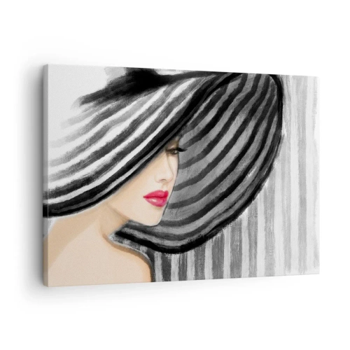Obraz na plátne - Žena v čiernobielom klobúku s červeným akcentom - 70x50cm - Kde ťa hľadať? - Moderná nástenná dekorácia do obývacej izby a spálne ARTTOR