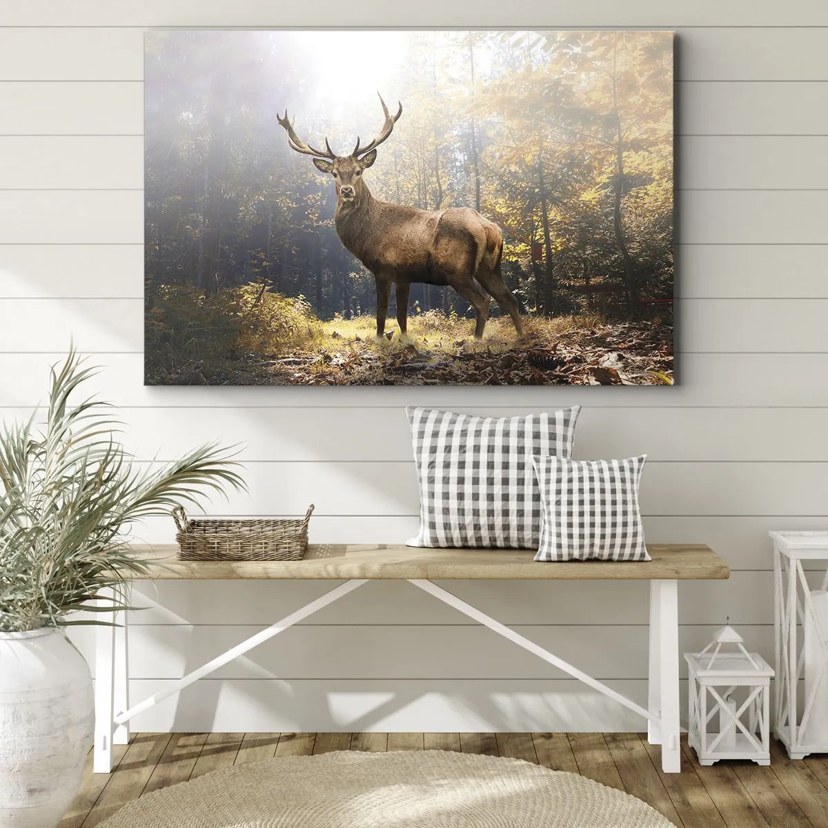 Obraz na plátne - Jeleň v jesennom lese so slnečnými lúčmi - 70x50cm - Plné dôstojnosti - Moderná nástenná dekorácia do obývacej izby a spálne ARTTOR