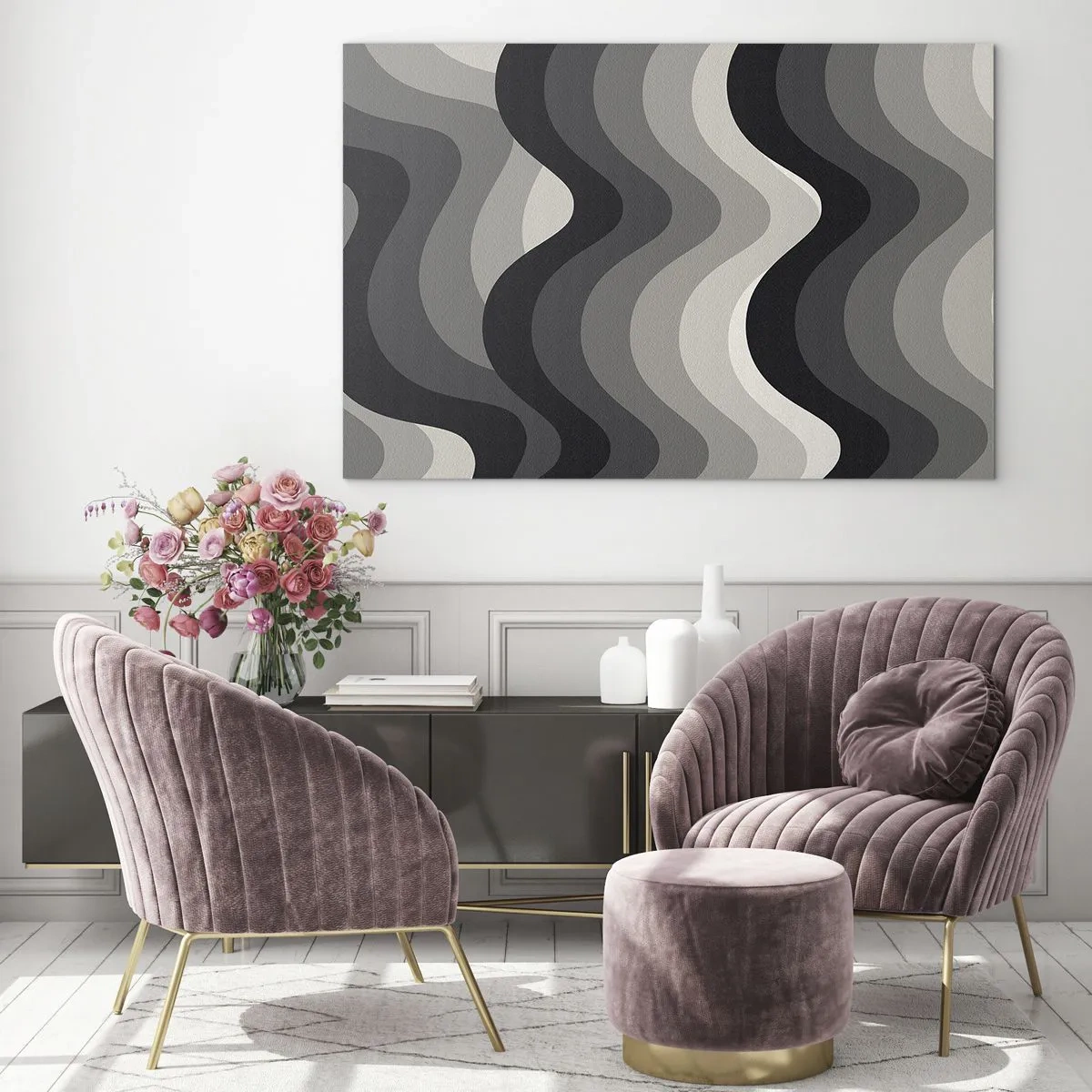 Obraz na skle - Vlny v odtieňoch sivej vytvárajú rytmický geometrický vzor - 70x50cm - Vlna za vlnou - Moderná nástenná dekorácia do obývacej izby a spálne ARTTOR