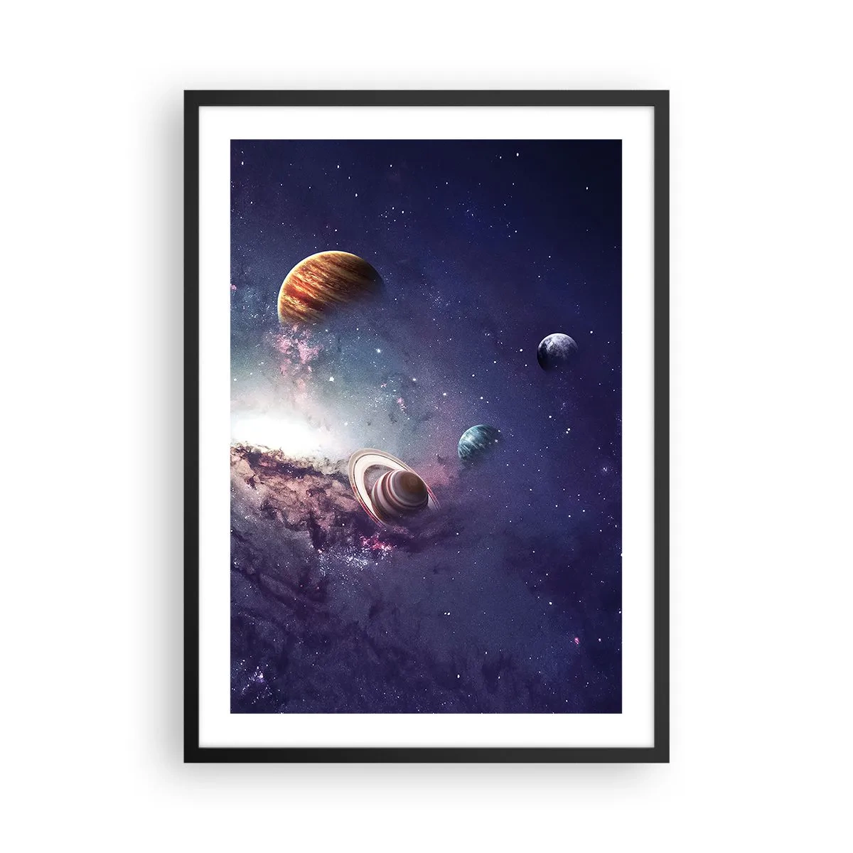 Plagát v čiernom ráme - Farebné usporiadanie planét v kozmickom prostredí - 50x70cm - Slnko a tanec - Moderná nástenná dekorácia do obývacej izby a spálne ARTTOR