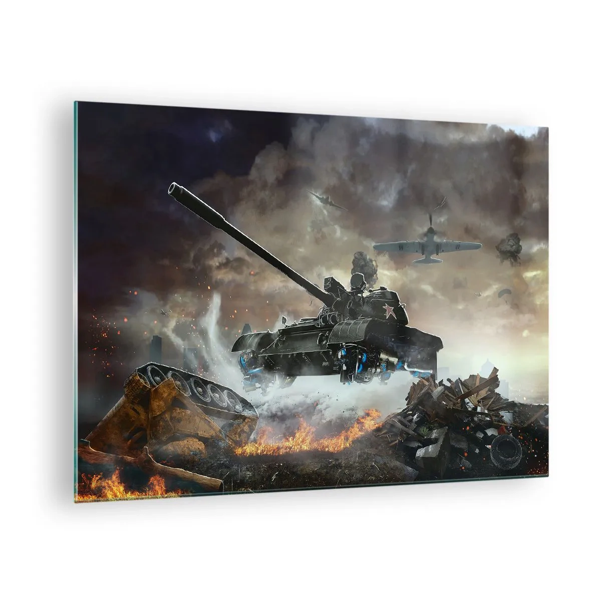Obraz na skle - Tank v akcii na pozadí dramatického bojiska. - 70x50cm - Bitka je hrozná a krásna - Moderná nástenná dekorácia do obývacej izby a spálne ARTTOR