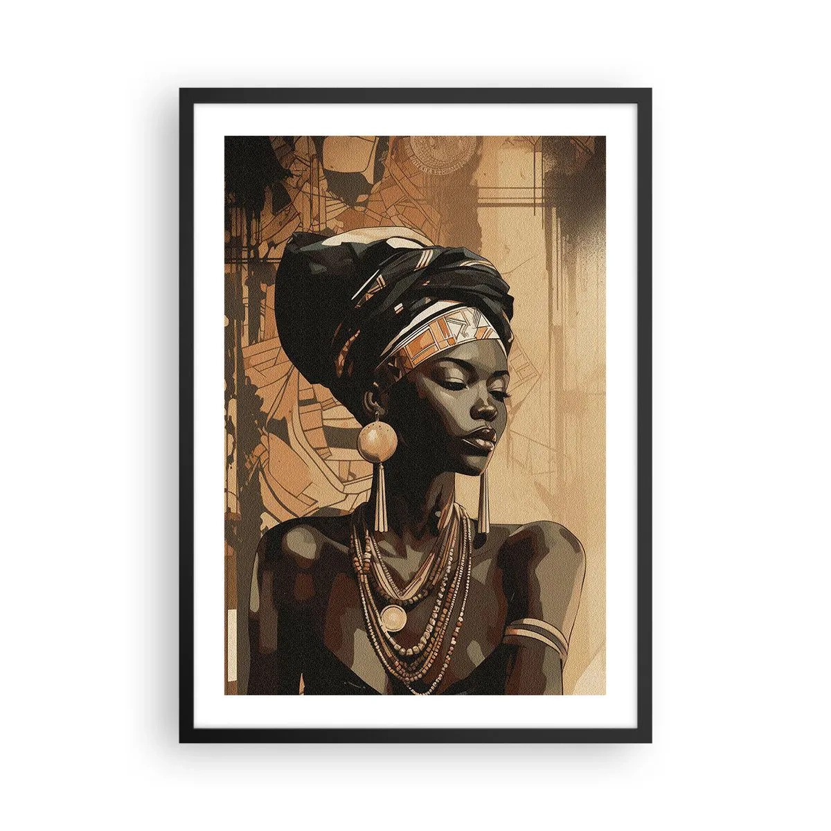 Plagát v čiernom ráme - Portrét africkej ženy s tradičnými ornamentmi - 50x70cm - Africký majestát - Moderná nástenná dekorácia do obývacej izby a spálne ARTTOR