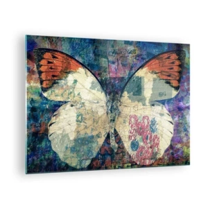 Obraz na skle - Farebný motýľ na abstraktnom pozadí v odtieňoch modrej a oranžovej. - 70x50cm - Jemná krehkosť - Moderná nástenná dekorácia do obývacej izby a spálne ARTTOR