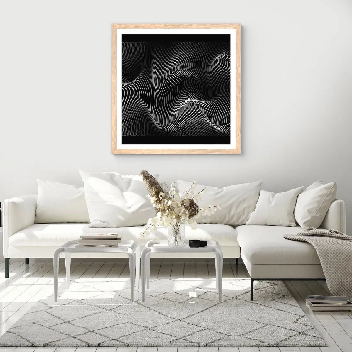 Plagát v ráme zo svetlého duba - Tanec svetla v priestore - 50x50 cm
