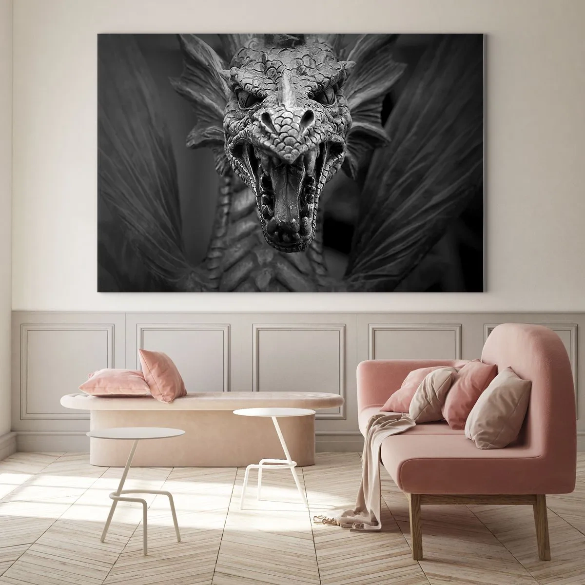 Obraz na skle - Rozprávkový drak v šedi - 120x80 cm