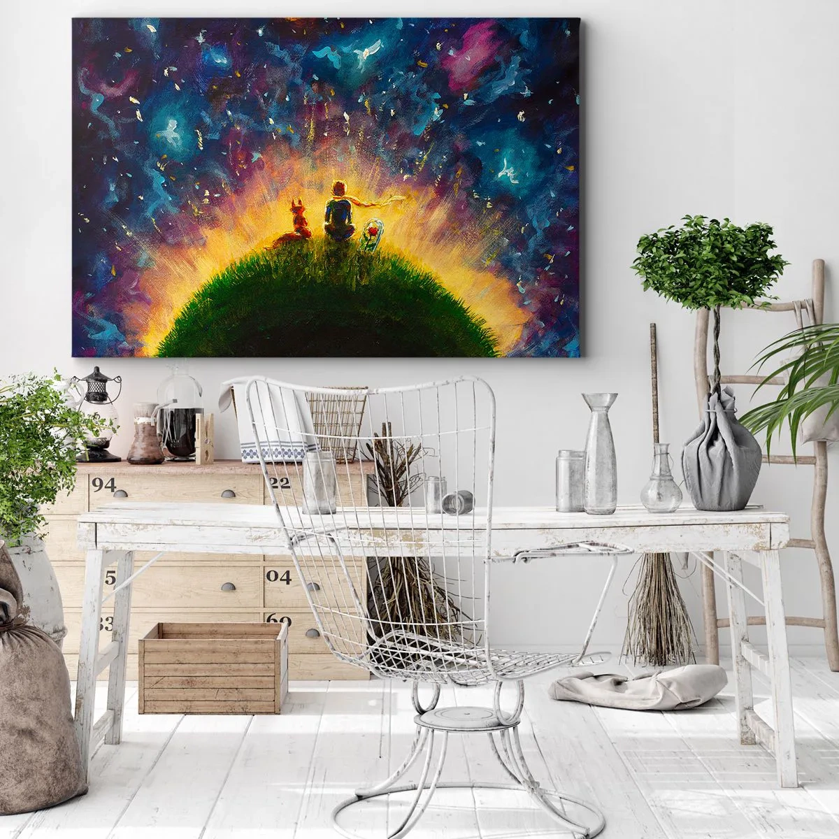 Obraz na plátne - Postavy na zelenom kopci obklopenom hviezdnou oblohou - 70x50cm - Láska a priateľstvo - celý svet - Moderná nástenná dekorácia do obývacej izby a spálne ARTTOR