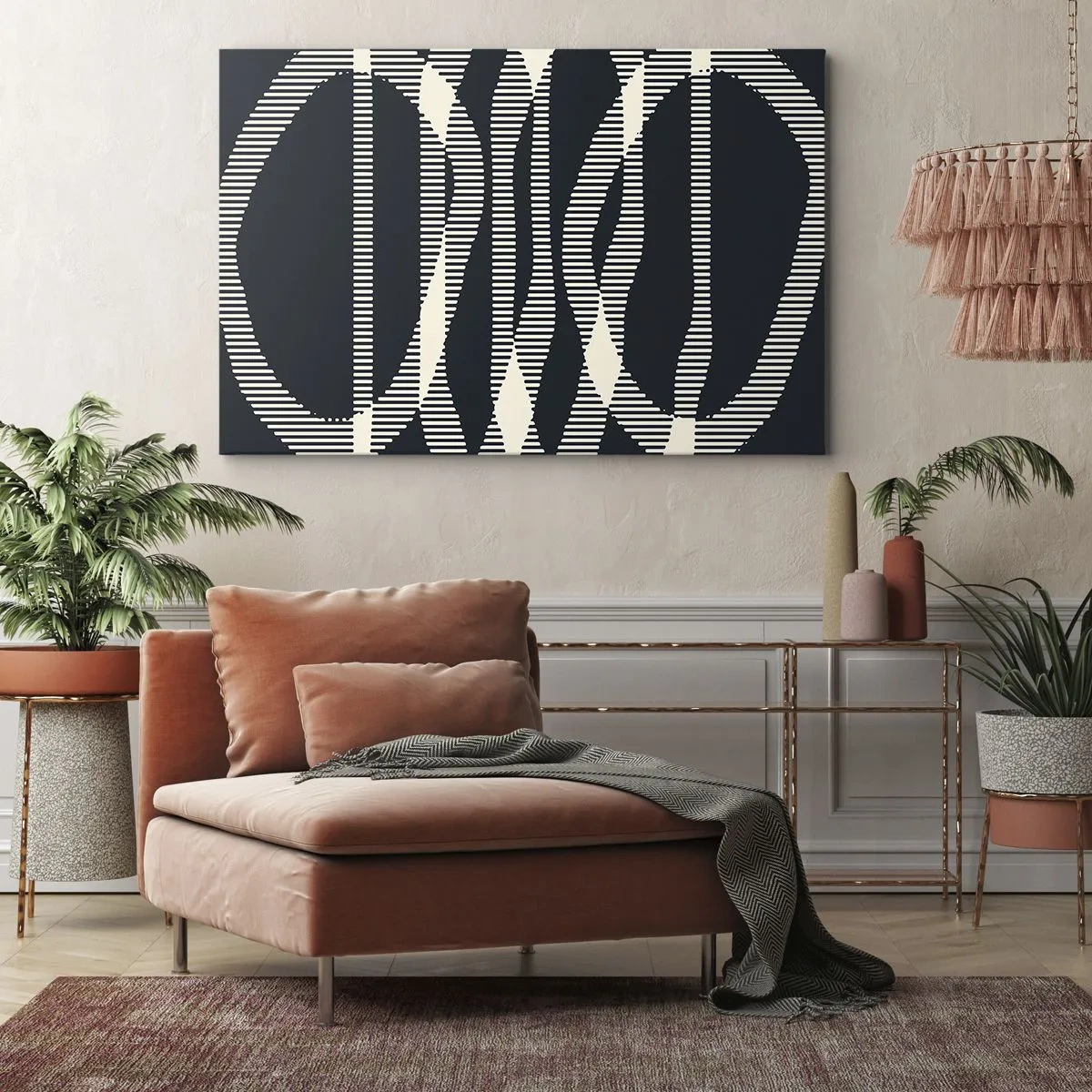 Obraz na plátne - Geometrické čiary vo svetlých odtieňoch na tmavom pozadí - 70x50cm - Pokus o prelomenie temnoty - Moderná nástenná dekorácia do obývacej izby a spálne ARTTOR