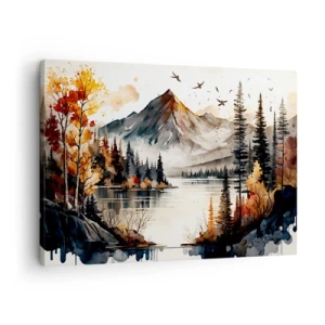 Obraz na plátne - Jesenná horská krajina s jazerom a stromami v akvarelových farbách - 70x50cm - Zlatá jeseň na horách - Moderná nástenná dekorácia do obývacej izby a spálne ARTTOR