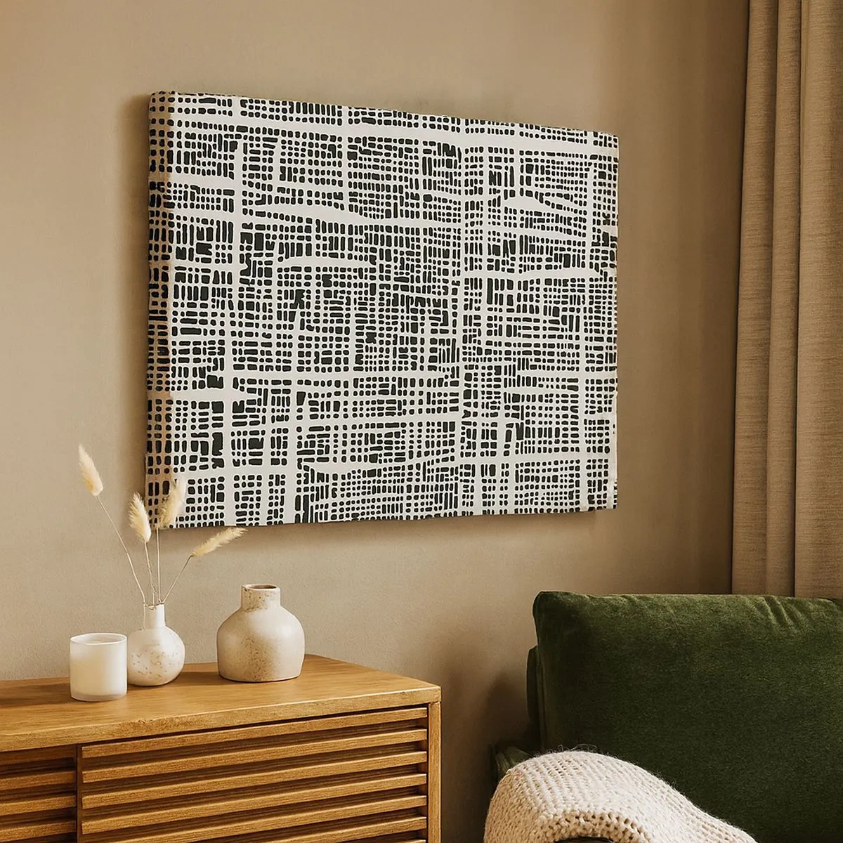 Obraz na plátne - Geometrický vzor pripomínajúci mriežku na svetlom pozadí - 70x50cm - Tkaná kompozícia - Moderná nástenná dekorácia do obývacej izby a spálne ARTTOR