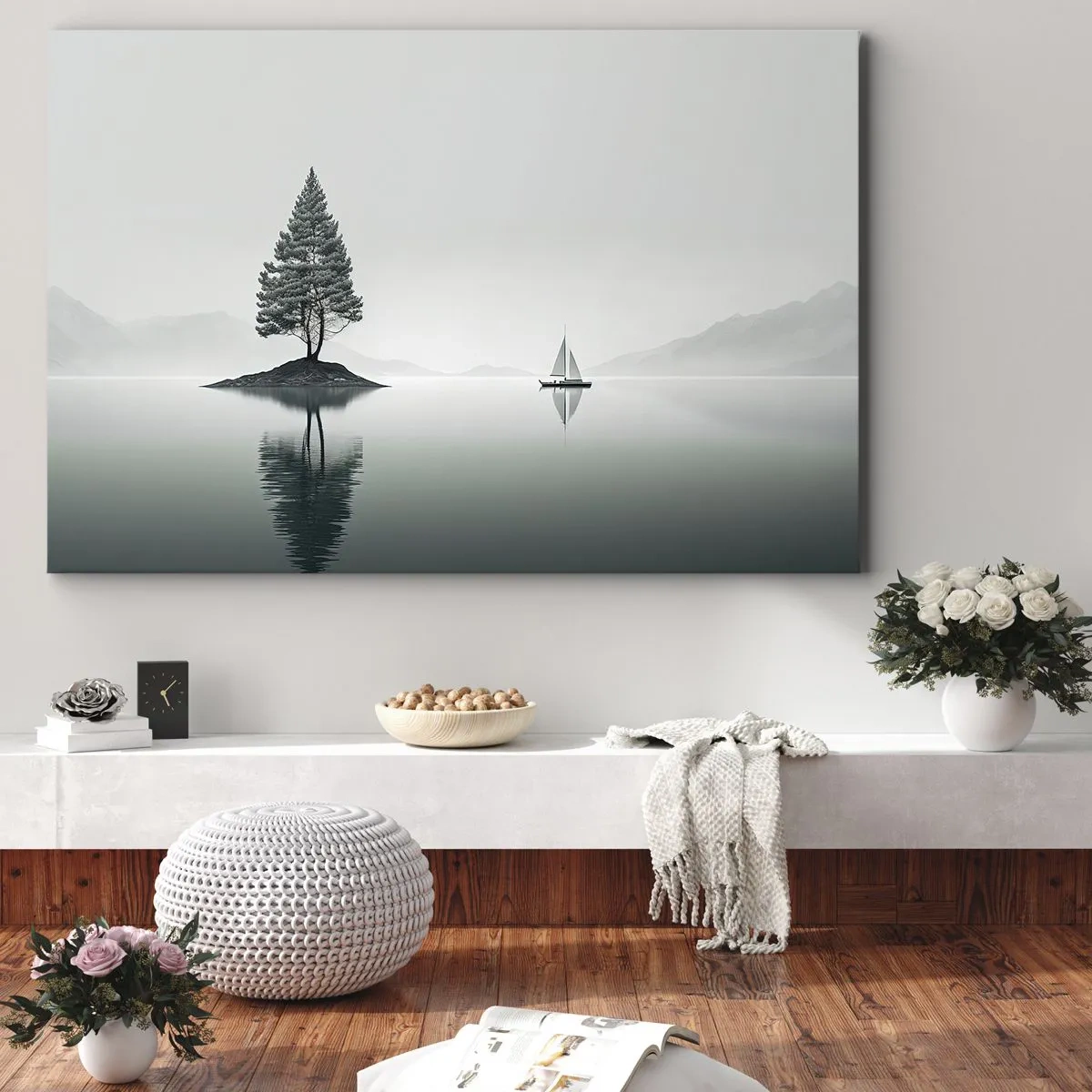 Obraz na plátne - Minimalistická krajina so stromom na ostrove a plachetnicou. - 70x50cm - Snívanie - Moderná nástenná dekorácia do obývacej izby a spálne ARTTOR