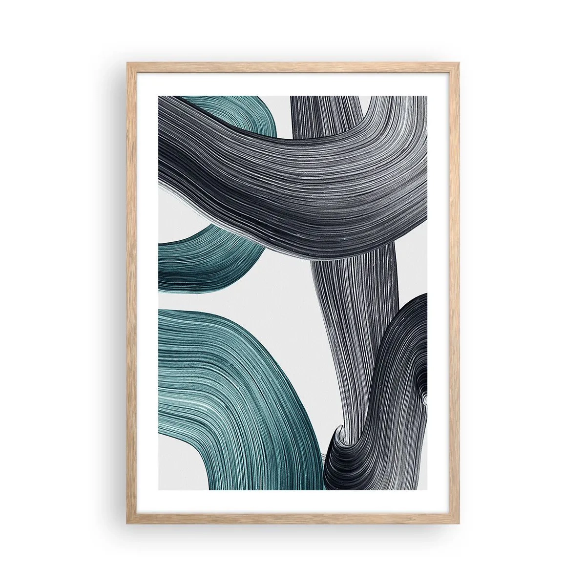 Plagát v ráme zo svetlého duba - Smaragdové a čierne vlny - 50x70 cm
