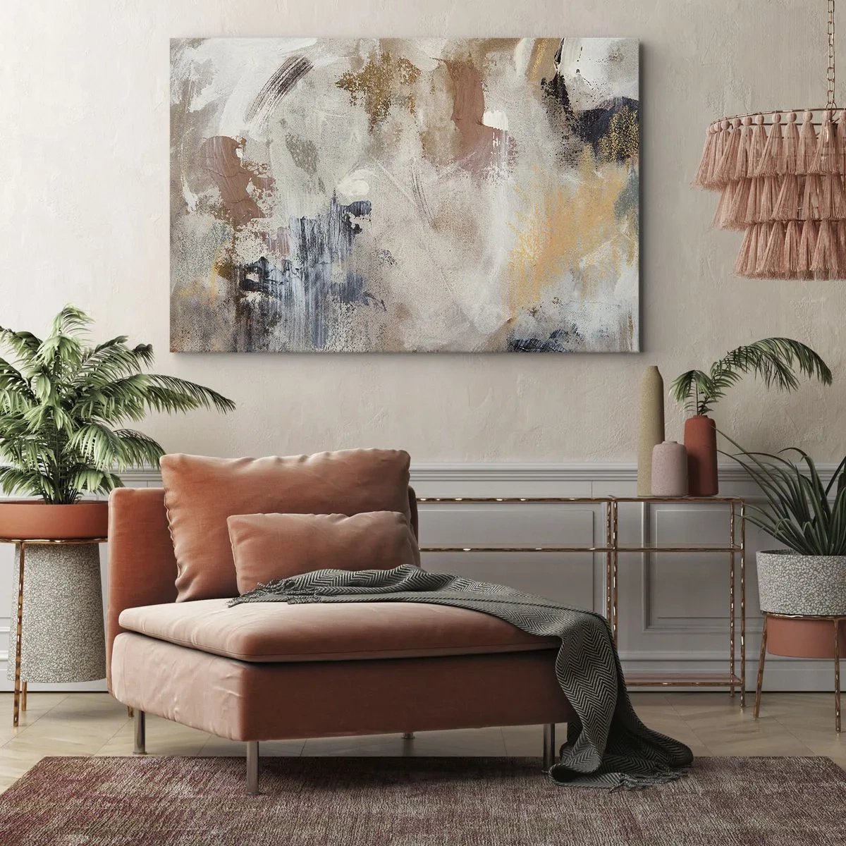 Obraz na plátne - Abstraktné škvrny v tlmených odtieňoch béžovej a zlatej - 70x50cm - Hmlistá abstrakcia - Moderná nástenná dekorácia do obývacej izby a spálne ARTTOR