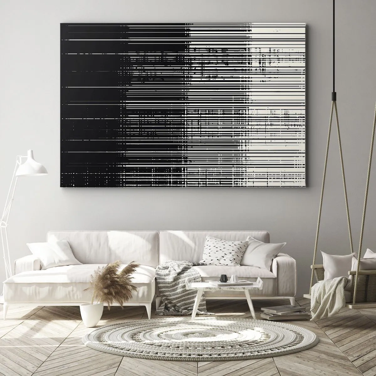 Obraz na plátne - Abstraktná kompozícia čiar v kontrastnej čiernej a bielej farbe - 70x50cm - Vlny a vibrácie - Moderná nástenná dekorácia do obývacej izby a spálne ARTTOR