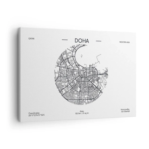 Obraz na plátne - Minimalistická mapa Dauhy v čiernobielej farbe s presnými detailmi. - 70x50cm - Anatómia Dauhy - Moderná nástenná dekorácia do obývacej izby a spálne ARTTOR