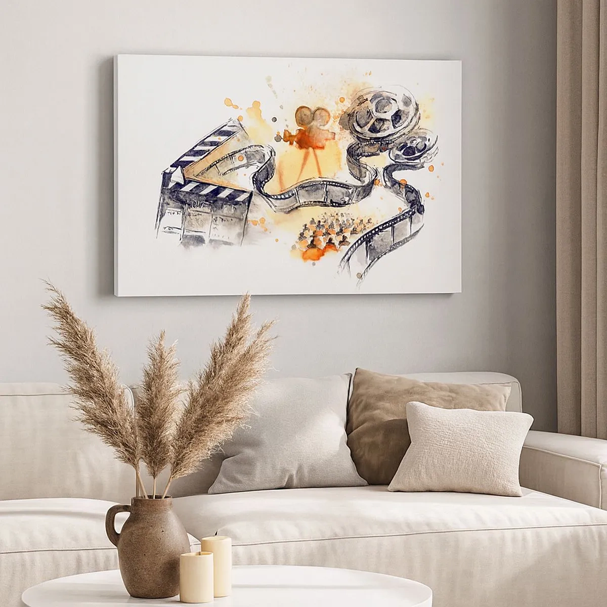 Obraz na plátne - Symbolika kina s filmovým pásom v umeleckom akvarelovom vzore - 70x50cm - V krajine snov - Moderná nástenná dekorácia do obývacej izby a spálne ARTTOR
