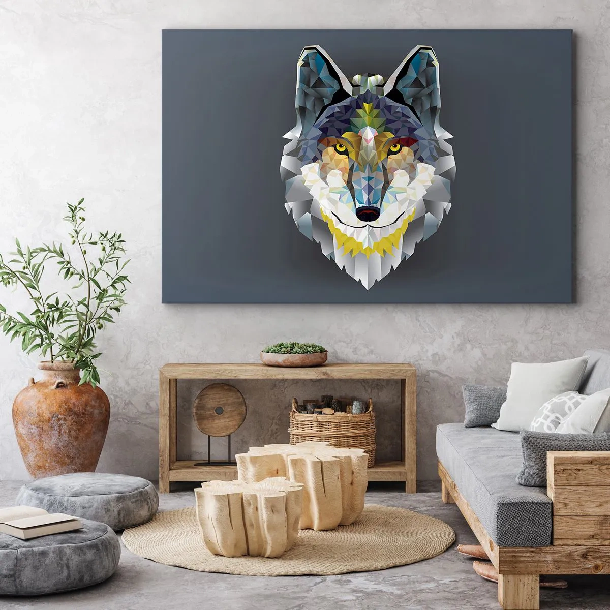 Obraz na plátne - Geometrický obraz vlka na sivom pozadí - 70x50cm - My o vlku - Moderná nástenná dekorácia do obývacej izby a spálne ARTTOR