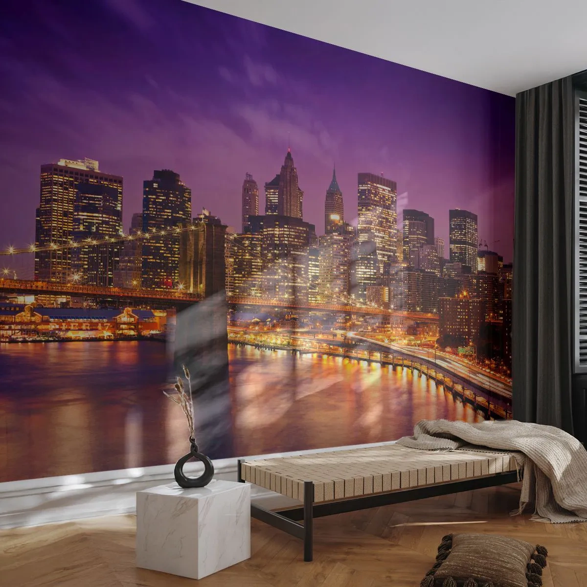Samolepiaca Fototapeta Deluxe Sticker - Fialovo-zlatý Manhattan - Mesto, New York, Architektúra - 250x175 cm