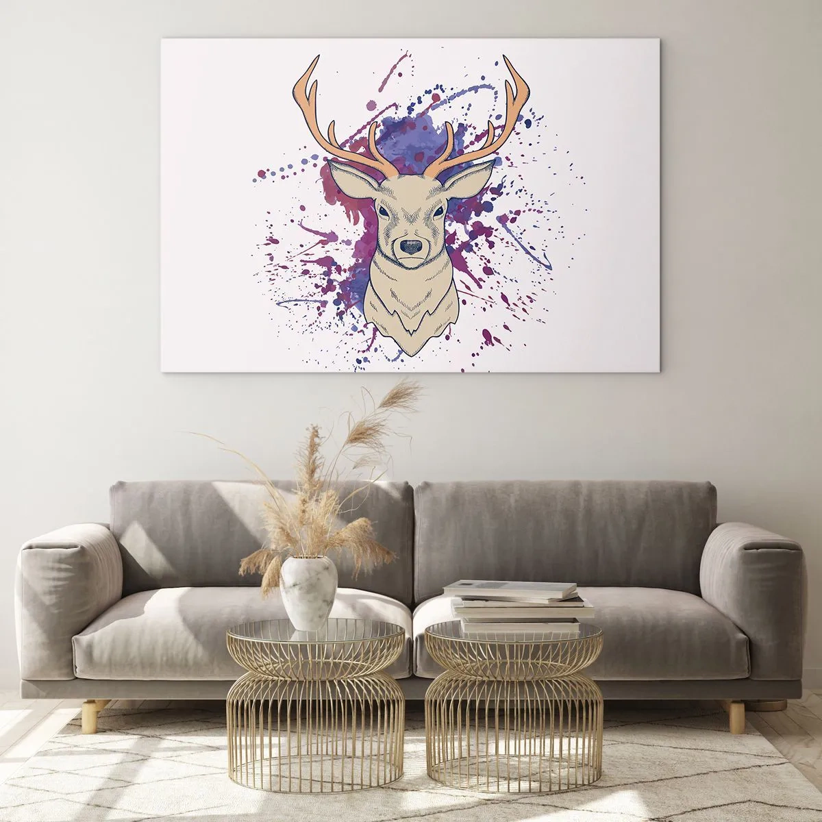 Obraz na skle - Ilustrácia jeleňa s farebným abstraktným pozadím - 70x50cm - Odvaha a rovnováha - Moderná nástenná dekorácia do obývacej izby a spálne ARTTOR