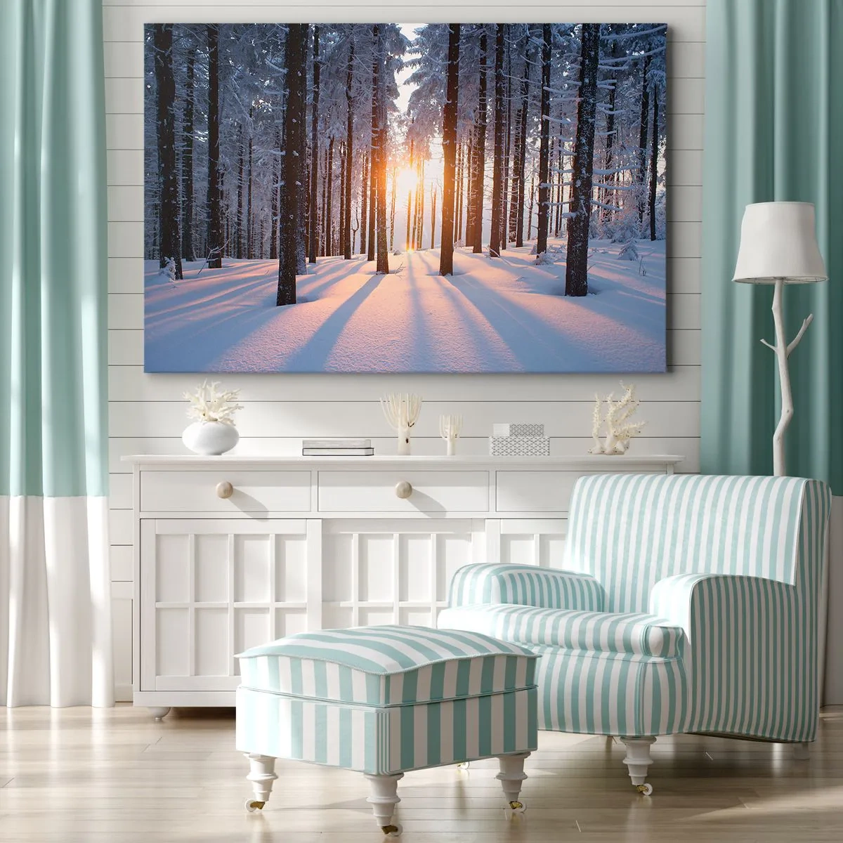 Obraz na plátne - Zimný les osvetlený slnečnými lúčmi - 70x50cm - Jasne čierne na bielom - Moderná nástenná dekorácia do obývacej izby a spálne ARTTOR
