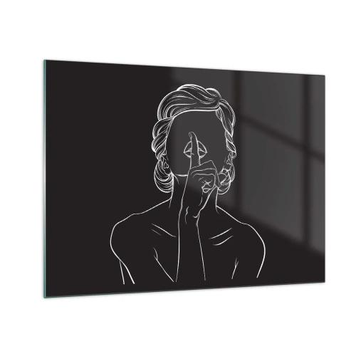 Obraz na skle - Minimalistická silueta ženy, ktorá robí gesto ticha. - 70x50cm - Krása rozkvitá v tichu - Moderná nástenná dekorácia do obývacej izby a spálne ARTTOR