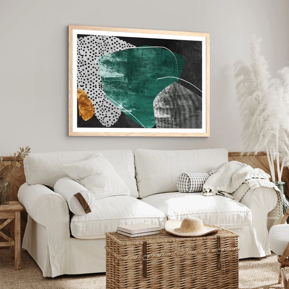 Plagát v ráme zo svetlého duba - Farebná abstrakcia so zlatou vločkou - 50x40 cm