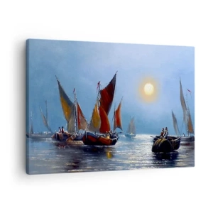 Obraz na plátne - Lode s plachtami na pokojnej vode pri západe slnka - 70x50cm - Nočný rybolov - Moderná nástenná dekorácia do obývacej izby a spálne ARTTOR
