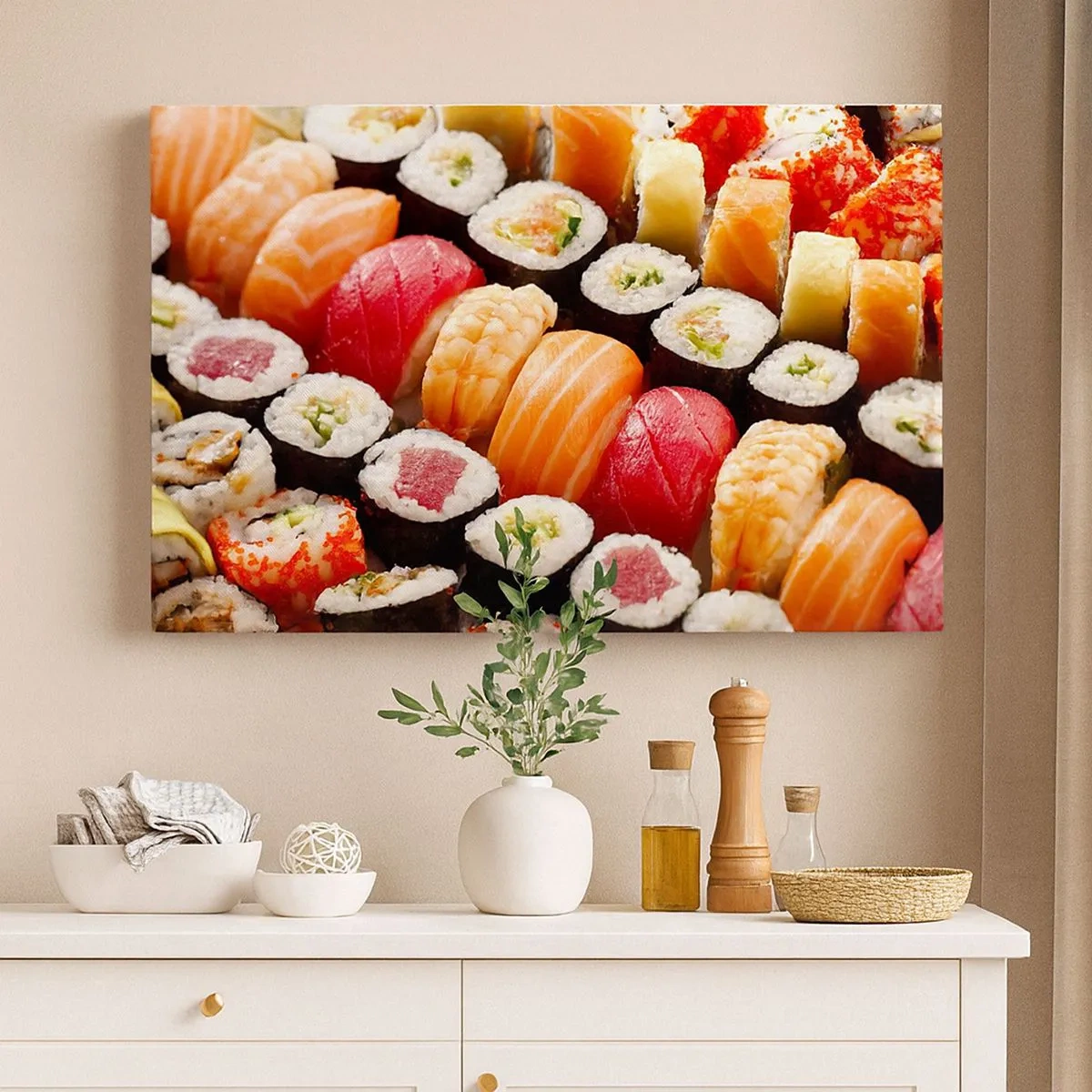 Obraz na plátne - Farebné sushi usporiadané v radoch s rôznymi polevami - 70x50cm - Farby a chute Ázie - Moderná nástenná dekorácia do obývacej izby a spálne ARTTOR