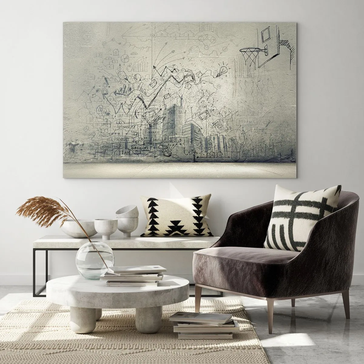 Obraz na skle - Grafická skica s obchodnými a kreatívnymi prvkami - 70x50cm - Môj skvelý mestský život - Moderná nástenná dekorácia do obývacej izby a spálne ARTTOR