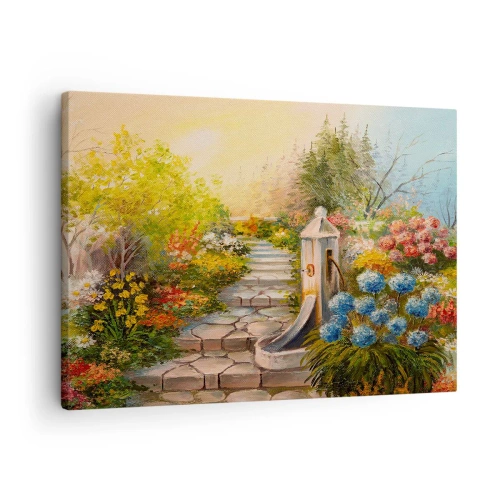 Obraz na plátne - Malebná záhrada s fontánou a farebnými kvetmi - 70x50cm - V plnom rozkvete - Moderná nástenná dekorácia do obývacej izby a spálne ARTTOR