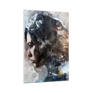 Obraz na skle - Príbeh o dievčati s mestom v pozadí - 80x120 cm