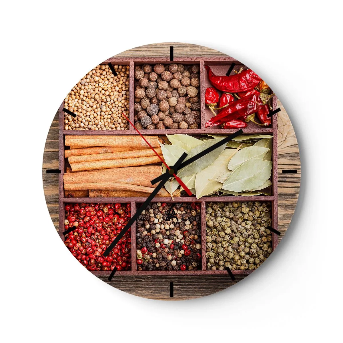 Nástenné hodiny - Korenie v drevených priehradkách - 30x30cm - Poriadok tvarov, buket vôní - Moderná nástenná dekorácia do obývacej izby, kuchyne a spálne ARTTOR