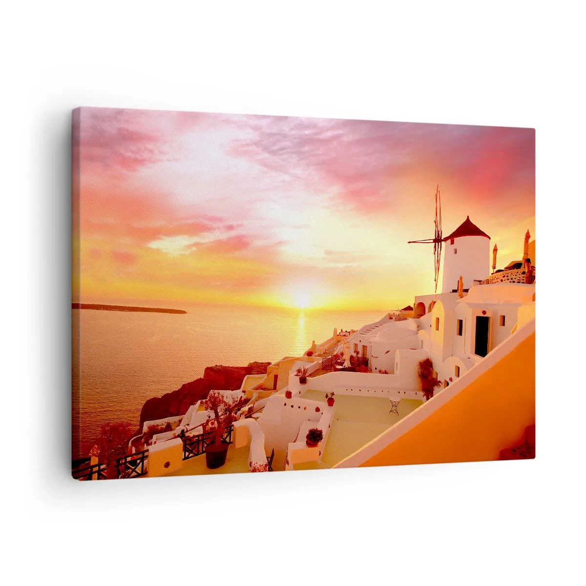 Obraz na plátne - Santorini pri západe slnka s veterným mlynom - 70x50cm - Rozplynúť sa v bielej a zlatej - Moderná nástenná dekorácia do obývacej izby a spálne ARTTOR