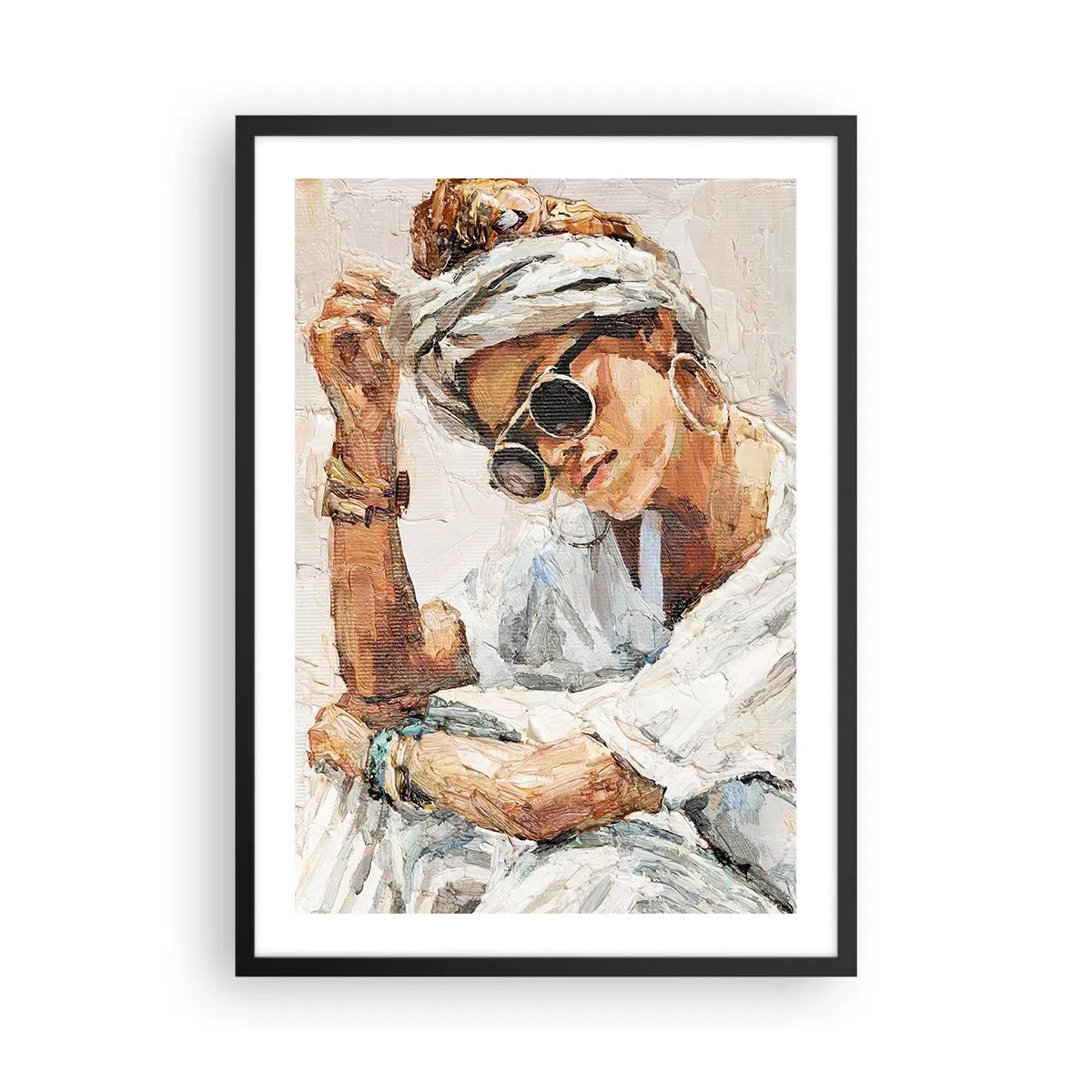 Plagát v čiernom ráme - Portrét ženy s okuliarmi a turbanom v impresionistickom štýle - 50x70cm - Portrét v plnom slnku - Moderná nástenná dekorácia do obývacej izby a spálne ARTTOR