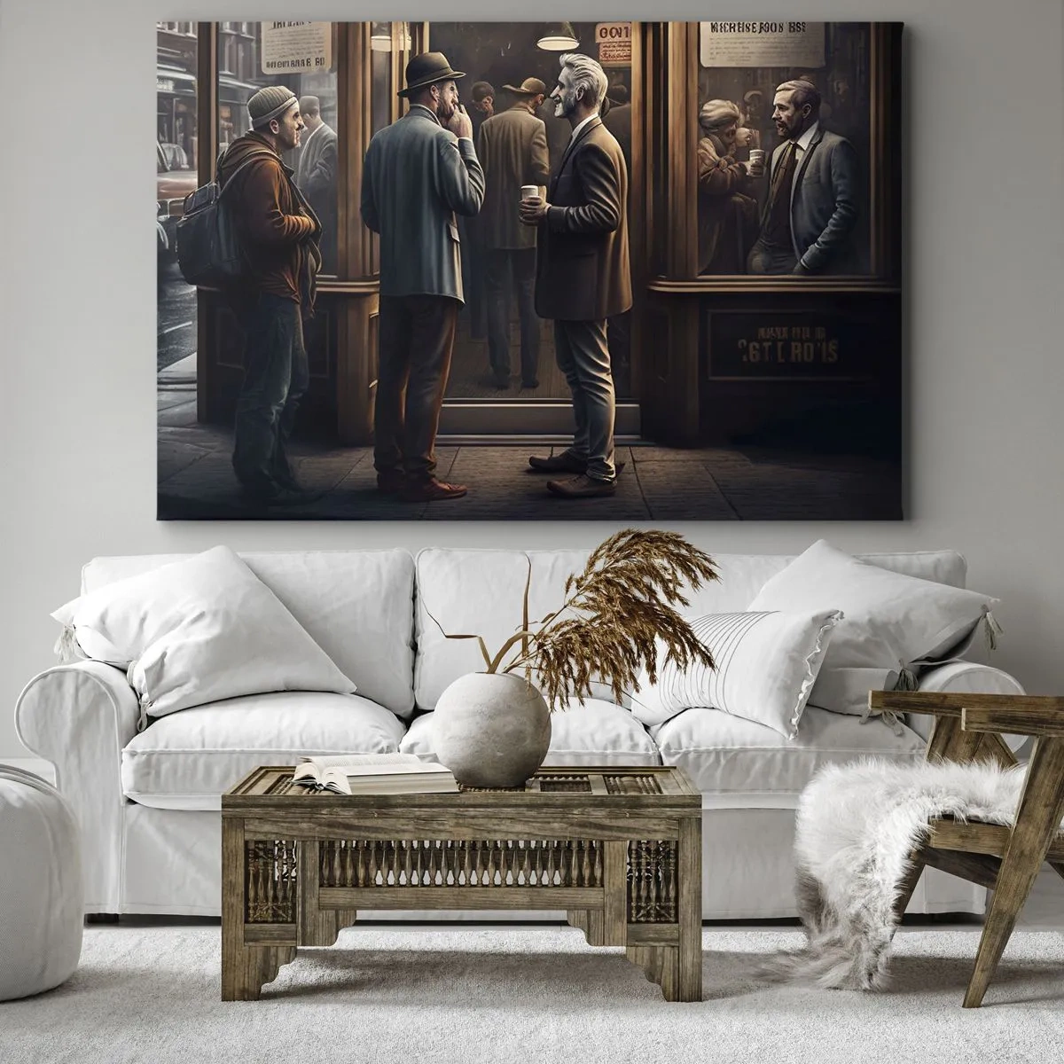 Obraz na plátne - Pouličná scéna s ľuďmi pred retro kaviarňou - 70x50cm - Dobrá chvíľa dňa - Moderná nástenná dekorácia do obývacej izby a spálne ARTTOR