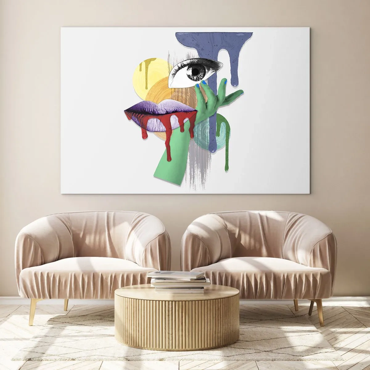 Obraz na skle - Abstraktná kompozícia s okom, ústami a farbami - 70x50cm - Zdeformovaný portrét - Moderná nástenná dekorácia do obývacej izby a spálne ARTTOR