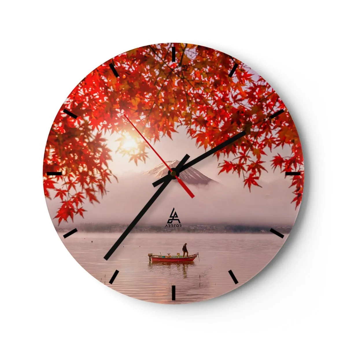 Nástenné hodiny - Jesenné lístie s horou Fudži v pozadí a loďkou na jazere - 30x30cm - V japonskom štýle - Moderná nástenná dekorácia do obývacej izby, kuchyne a spálne ARTTOR