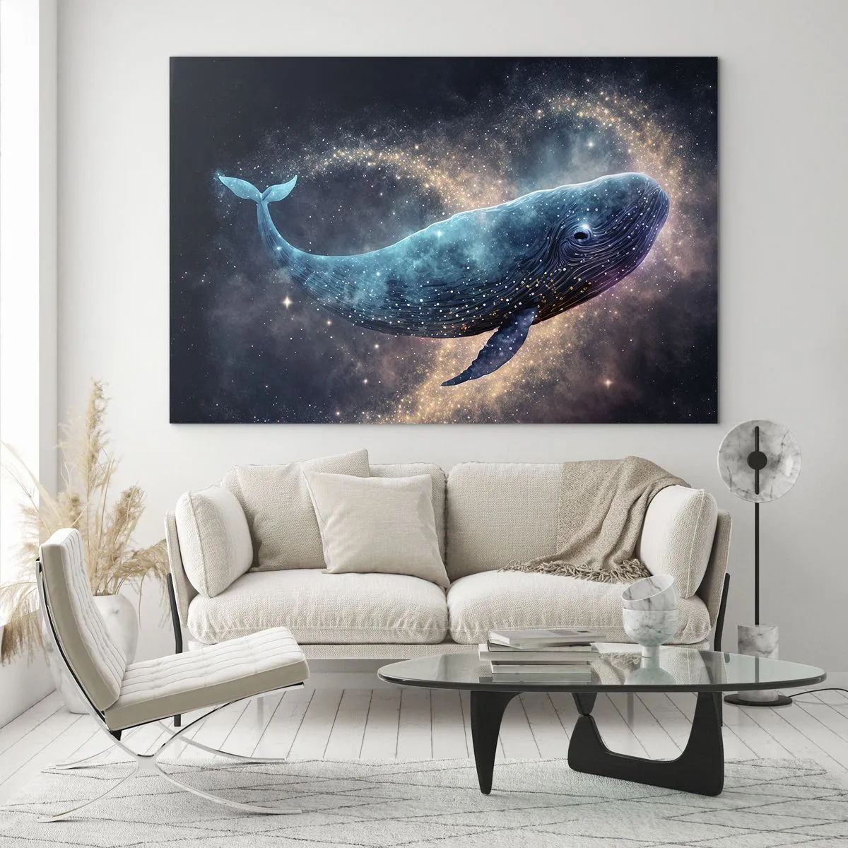 Obraz na skle - Modrá veľryba plávajúca v galaxii - 70x50cm - Existuje taký svet… - Moderná nástenná dekorácia do obývacej izby a spálne ARTTOR