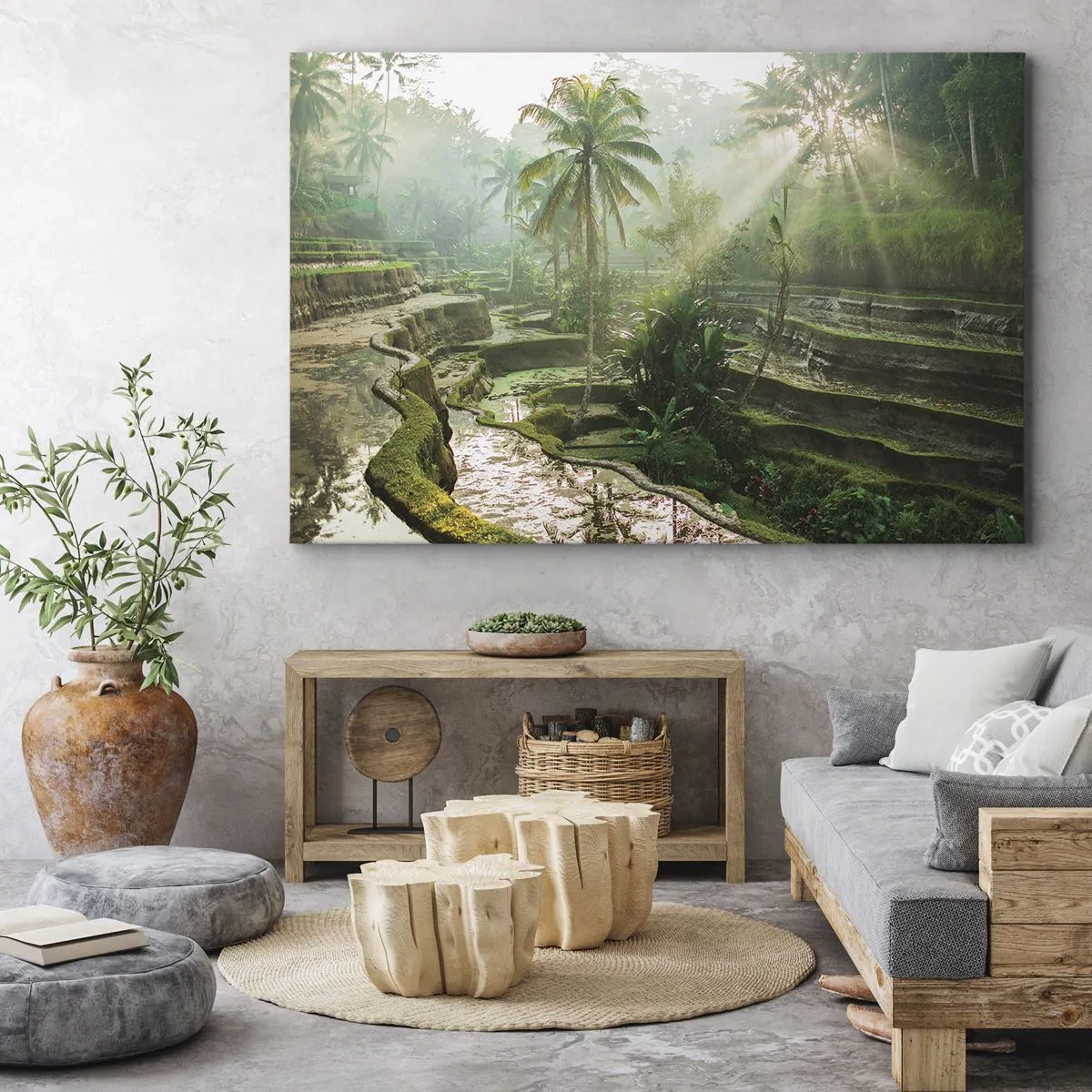 Obraz na plátne - Ryžové terasy s palmami v slnečných lúčoch - 70x50cm - Vyrastať na slnku - Moderná nástenná dekorácia do obývacej izby a spálne ARTTOR