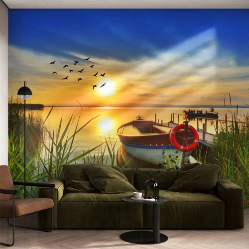 Fototapeta Premium Canvas - Kormorány už odlietajú - Krajina, Jazero, Západ slnka - 400x280 cm