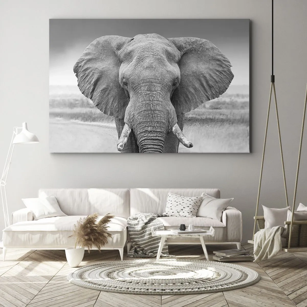 Obraz na plátne - Portrét slona v čiernej a bielej farbe - 70x50cm - Vitajte v mojom svete - Moderná nástenná dekorácia do obývacej izby a spálne ARTTOR