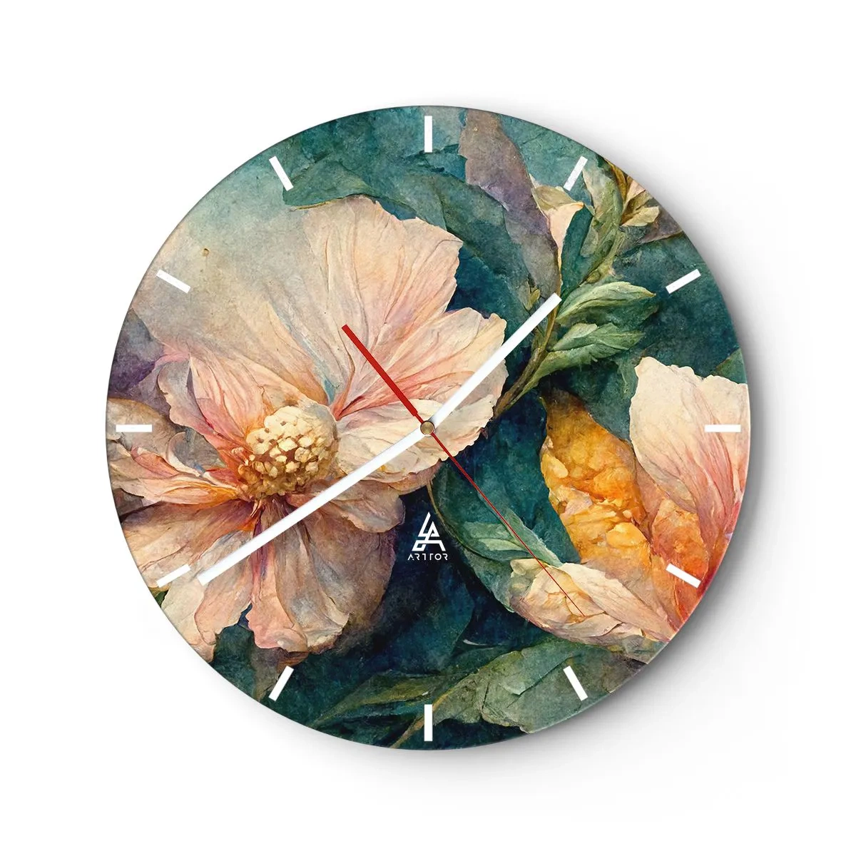 Nástenné hodiny - Jemné kvety v pastelových farbách so zelenými listami - 30x30cm - Číra subtílnosť - Moderná nástenná dekorácia do obývacej izby, kuchyne a spálne ARTTOR