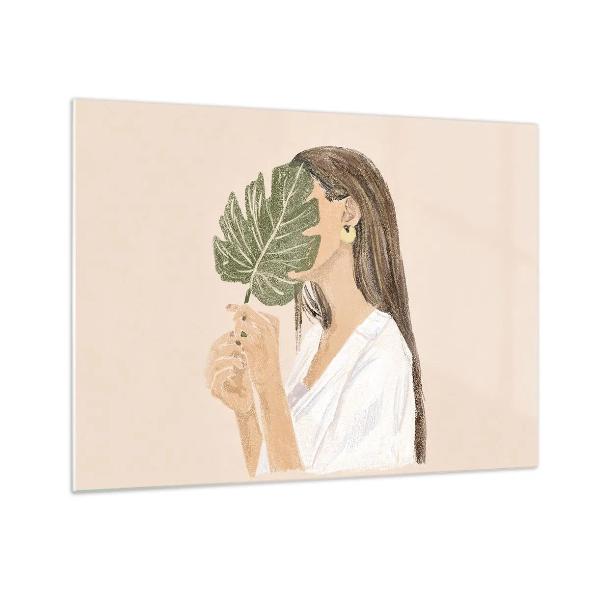 Obraz na skle - Žena s dlhými vlasmi drží list pred tvárou. - 70x50cm - Tajomný portrét s vejárom - Moderná nástenná dekorácia do obývacej izby a spálne ARTTOR
