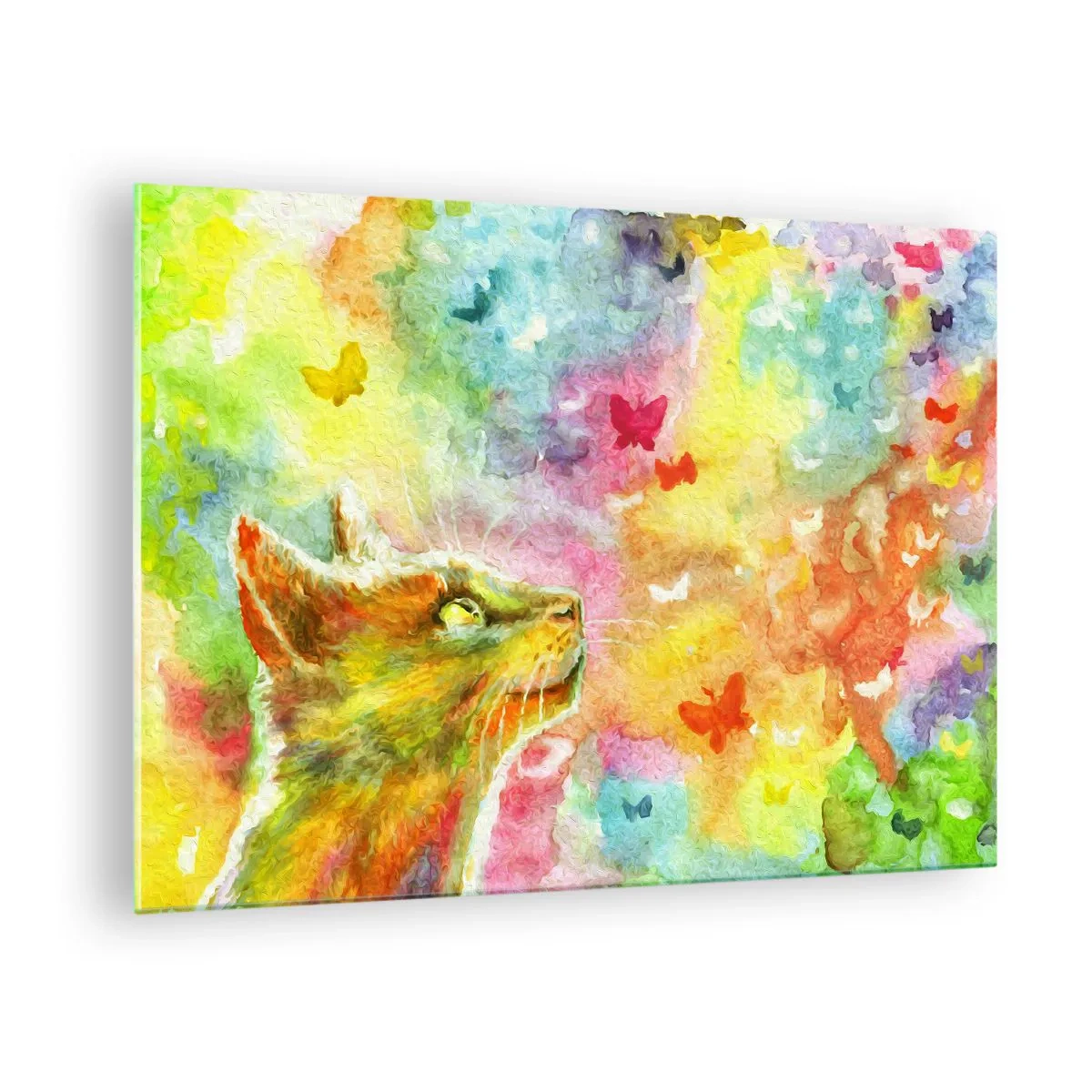 Obraz na skle - Mačka pozorujúca farebné motýle na pastelovom pozadí. - 70x50cm - Nezmysly v mačacom raji - Moderná nástenná dekorácia do obývacej izby a spálne ARTTOR