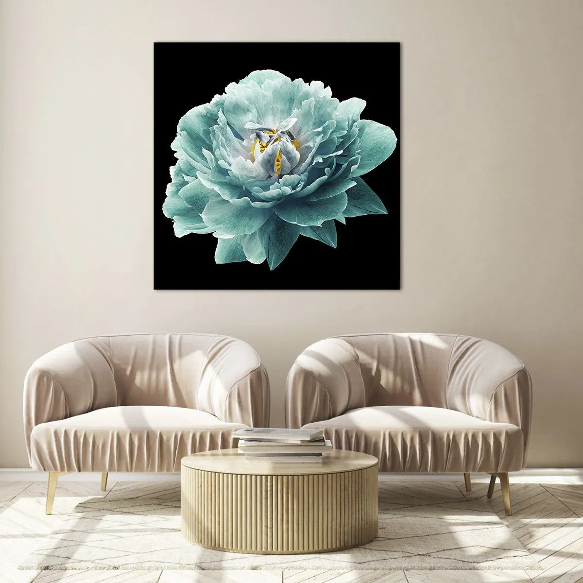 Obraz na skle - Modré a zlaté okvetné lístky - 70x70 cm