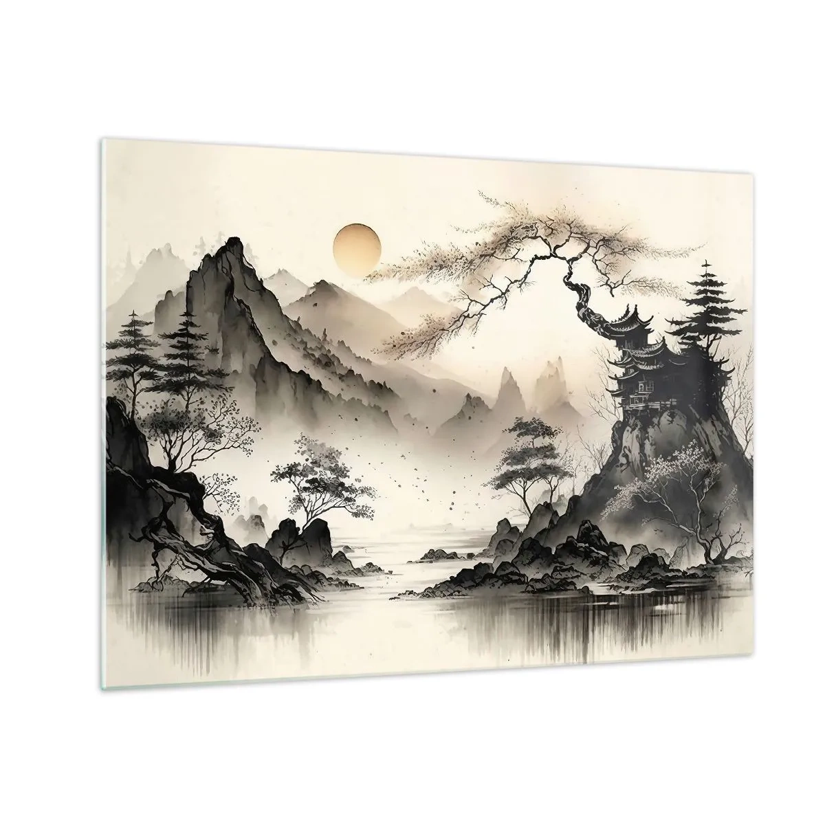 Obraz na skle - Orientálna horská krajina s pagodou a stromami - 70x50cm - Jedinečné kúzlo orientu - Moderná nástenná dekorácia do obývacej izby a spálne ARTTOR