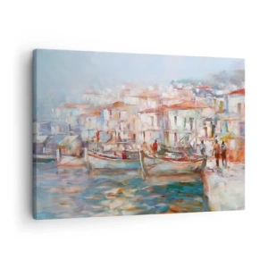 Obraz na plátne - Dojem z prístavu s loďami a budovami - 70x50cm - Pastelová dovolenka - Moderná nástenná dekorácia do obývacej izby a spálne ARTTOR