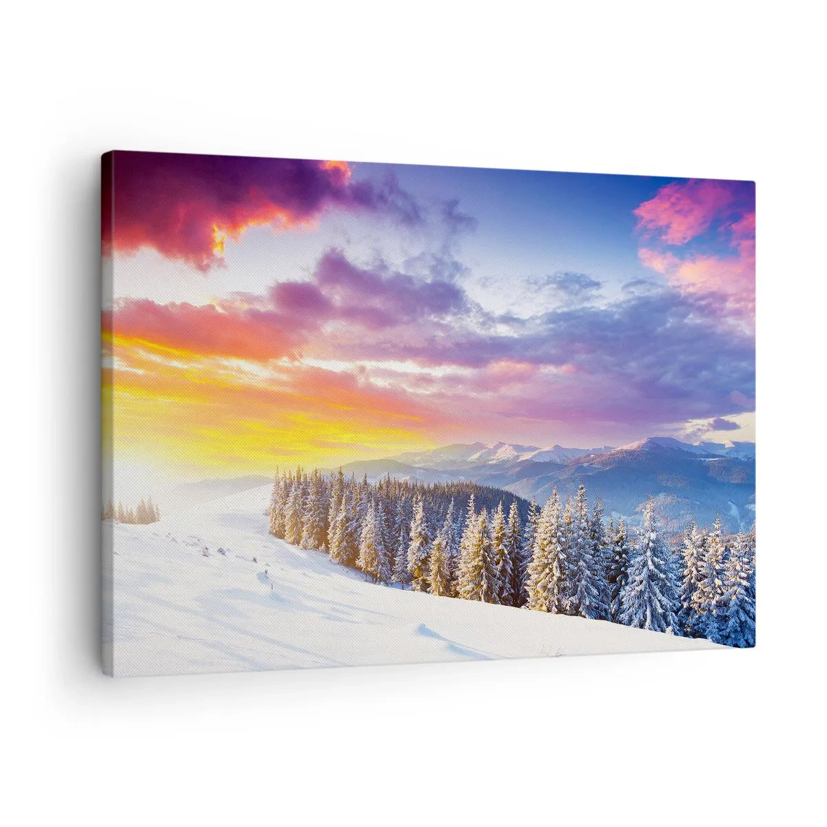 Obraz na plátne - Zimná krajina s horami a lesom pri západe slnka - 70x50cm - Za bieleho dňa - Moderná nástenná dekorácia do obývacej izby a spálne ARTTOR