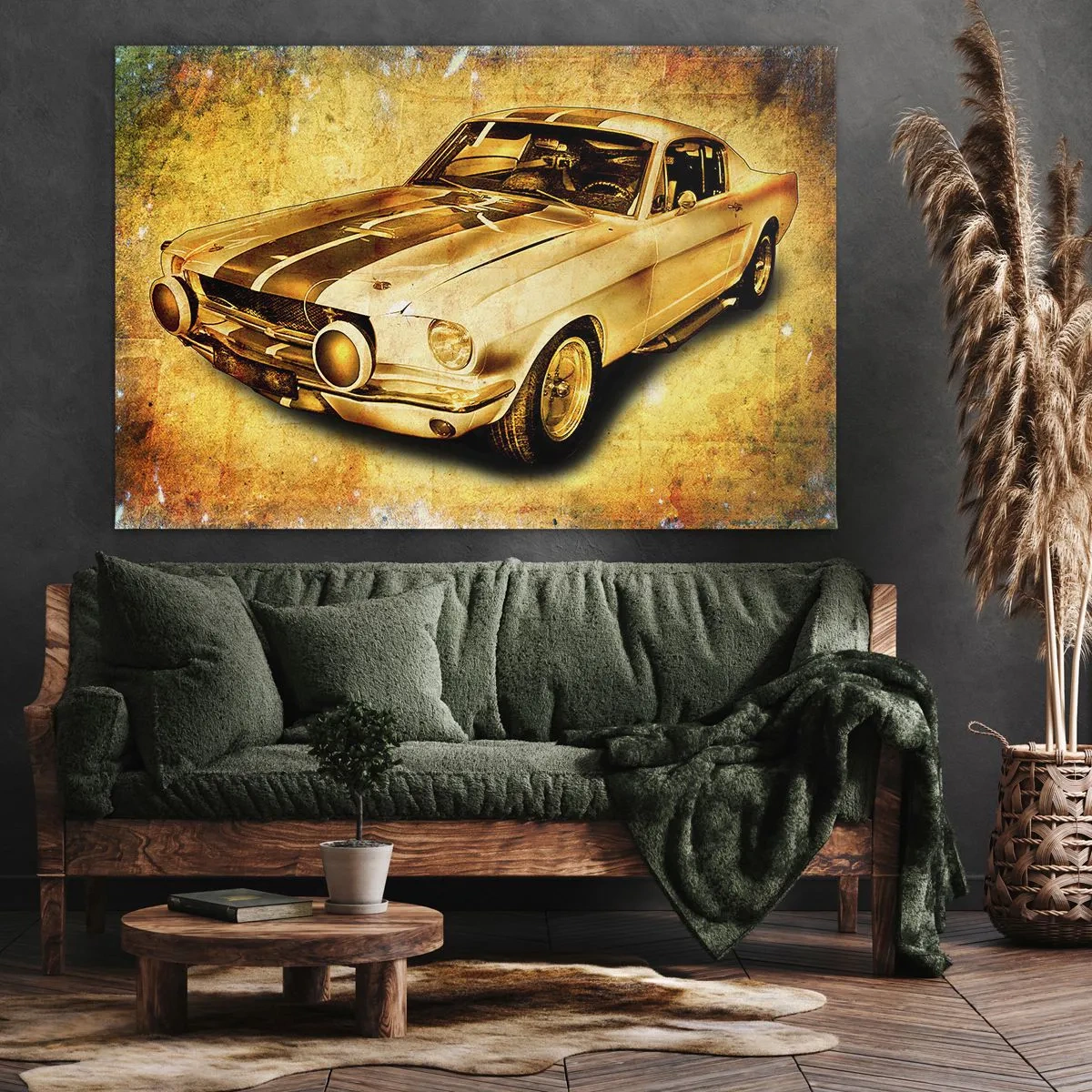 Obraz na plátne - Klasické retro športové auto na vintage pozadí v zlatých tónoch - 70x50cm - Šialené 70. roky - Moderná nástenná dekorácia do obývacej izby a spálne ARTTOR